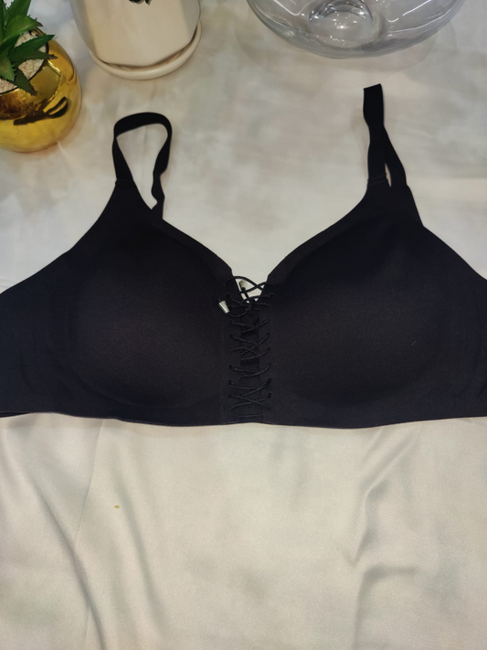 T-Shirt Bra Wireless Soft Padded with Front Laces Style-Black